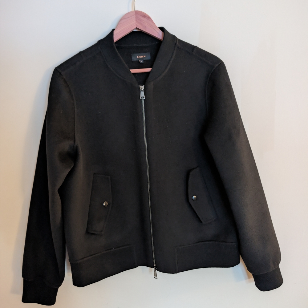 NWOT Quince Double Faced Merino Wool Black Women's Bomber Jacket Size Large